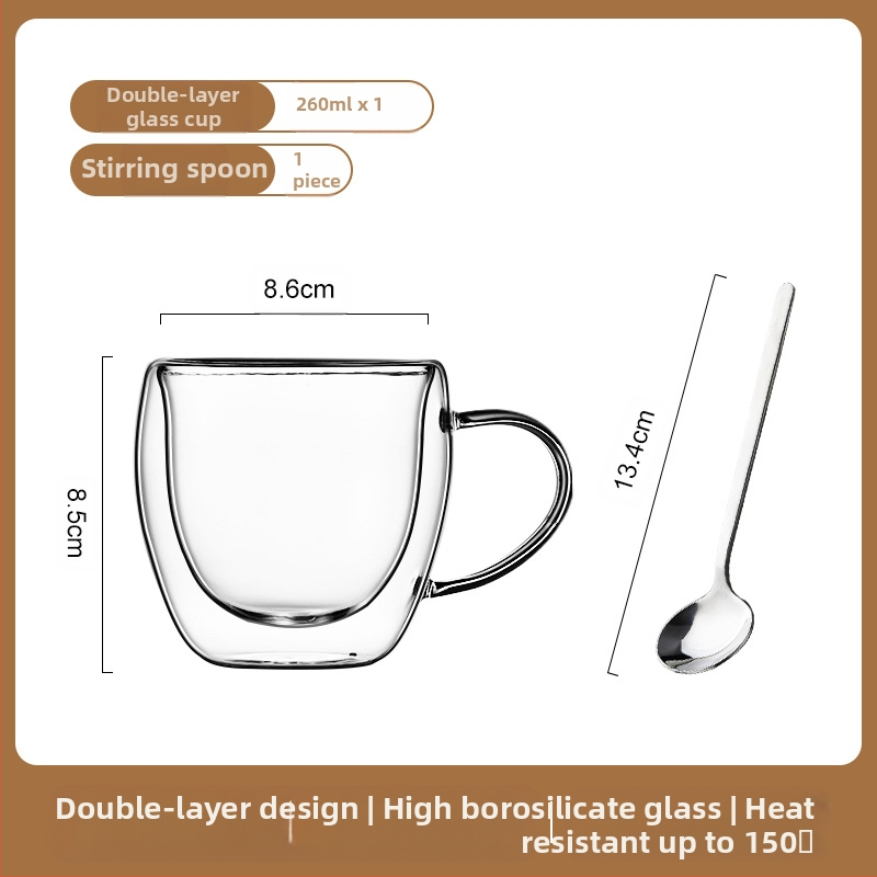 Dvigubo sienelių stiklinė kavos puodelis su rankena — izoliacinė, atspari aukštai temperatūrai, tinkama arbatai ir kavai