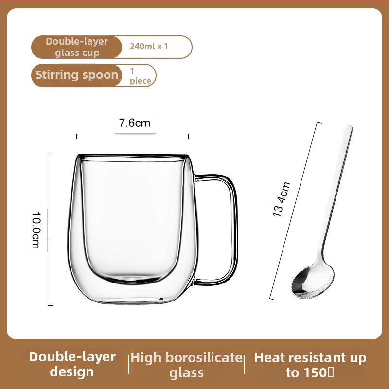 Dvigubo sienelių stiklinė kavos puodelis su rankena — izoliacinė, atspari aukštai temperatūrai, tinkama arbatai ir kavai