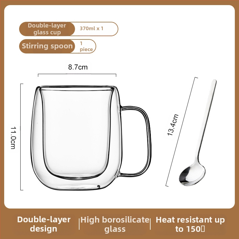 Dvigubo sienelių stiklinė kavos puodelis su rankena — izoliacinė, atspari aukštai temperatūrai, tinkama arbatai ir kavai