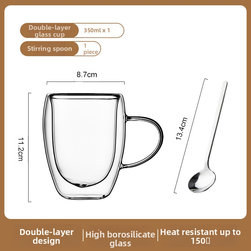 Dvigubo sienelių stiklinė kavos puodelis su rankena — izoliacinė, atspari aukštai temperatūrai, tinkama arbatai ir kavai