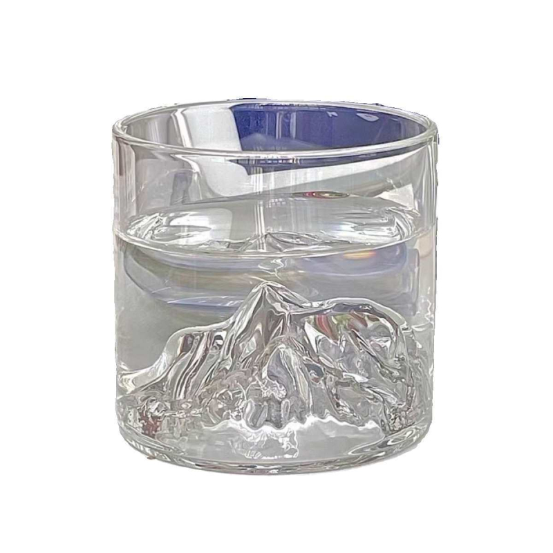 Termo atsparus stiklo puodelis japonų stiliuje su Fudžio motyvu ir ledinio rašto dizainu, apvalios formos