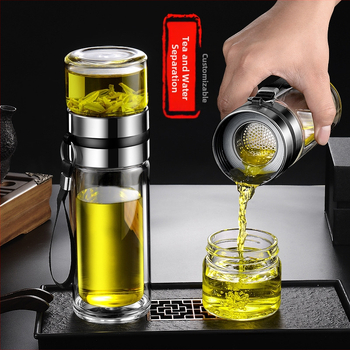 Stiklinė izoliuota arbatos taurelė su atskyrimu arbata-vanduo, su rankena, nešiojama