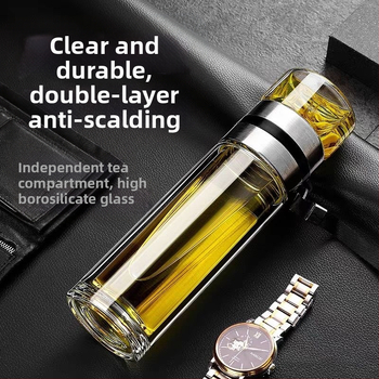 Stiklinė izoliuota arbatos taurelė su atskyrimu arbata-vanduo, su rankena, nešiojama