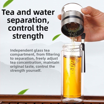 Stiklinė izoliuota arbatos taurelė su atskyrimu arbata-vanduo, su rankena, nešiojama