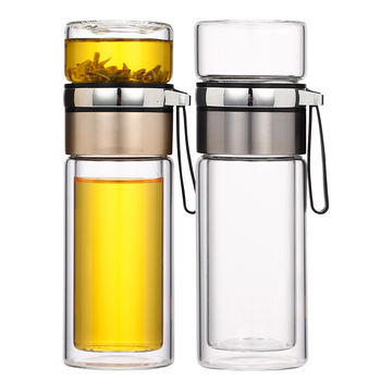 Stiklinė izoliuota arbatos taurelė su atskyrimu arbata-vanduo, su rankena, nešiojama