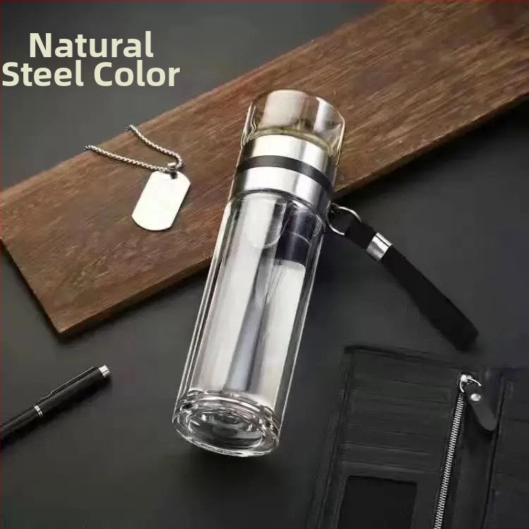 Stiklinė izoliuota arbatos taurelė su atskyrimu arbata-vanduo, su rankena, nešiojama