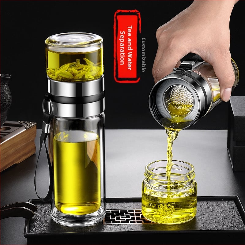 Stiklinė izoliuota arbatos taurelė su atskyrimu arbata-vanduo, su rankena, nešiojama