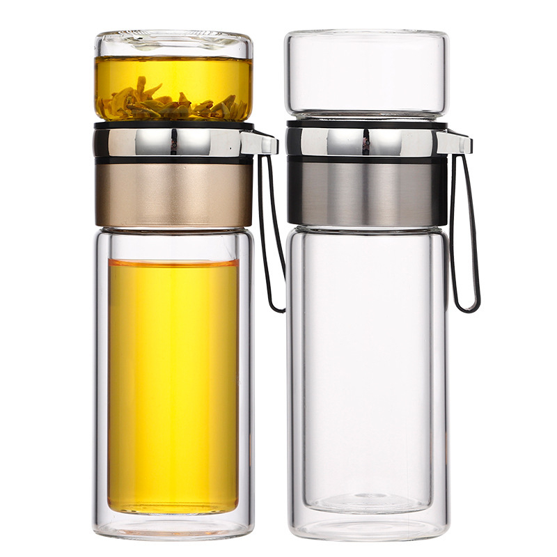 Stiklinė izoliuota arbatos taurelė su atskyrimu arbata-vanduo, su rankena, nešiojama