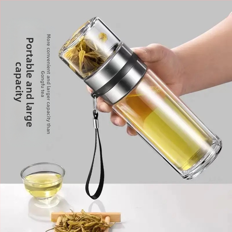 Stiklinė izoliuota arbatos taurelė su atskyrimu arbata-vanduo, su rankena, nešiojama