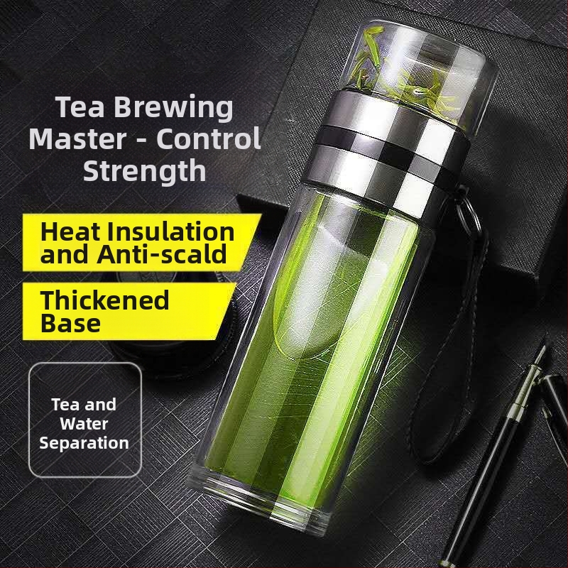 Stiklinė izoliuota arbatos taurelė su atskyrimu arbata-vanduo, su rankena, nešiojama