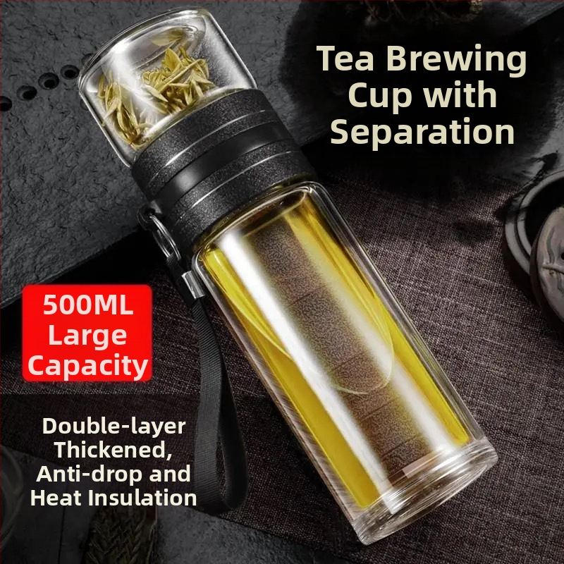 Stiklinė izoliuota arbatos taurelė su atskyrimu arbata-vanduo, su rankena, nešiojama