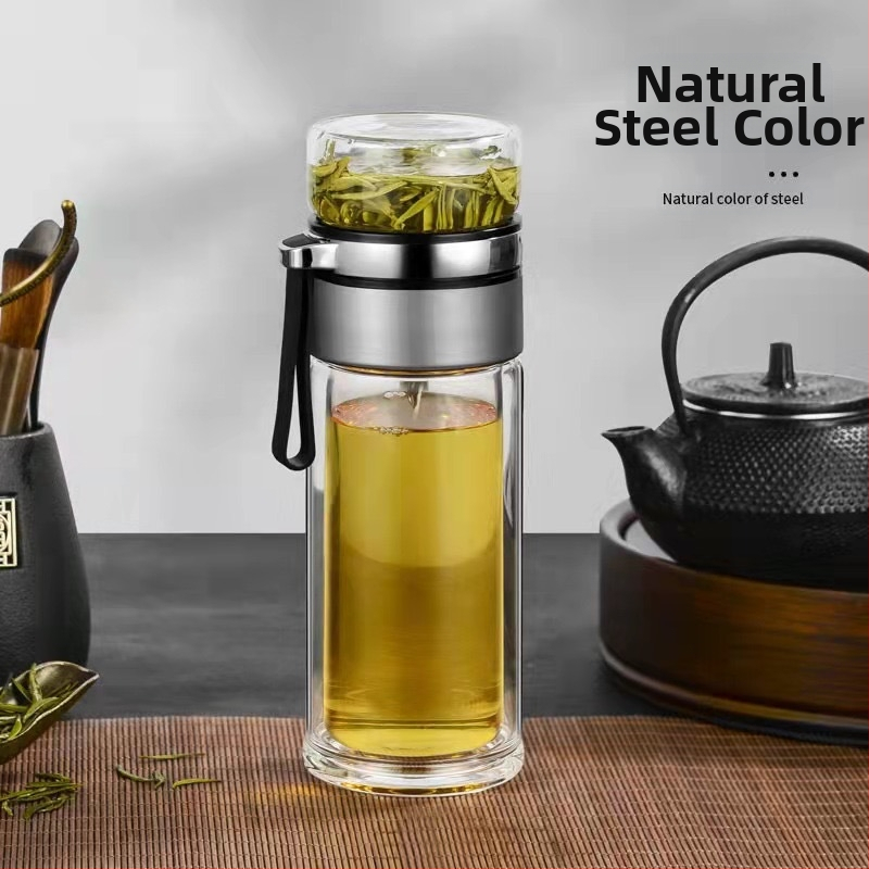 Stiklinė izoliuota arbatos taurelė su atskyrimu arbata-vanduo, su rankena, nešiojama