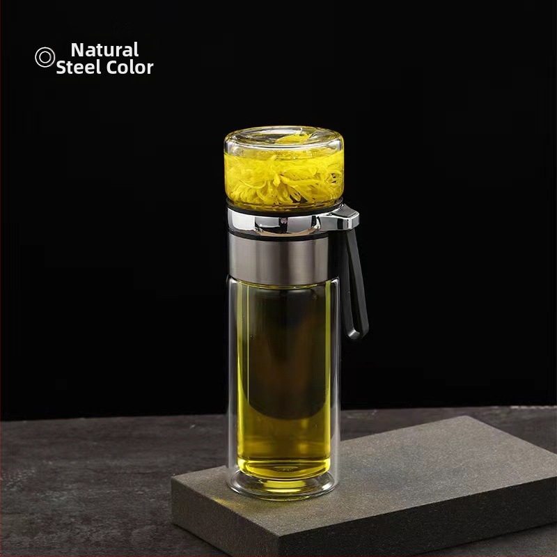 Stiklinė izoliuota arbatos taurelė su atskyrimu arbata-vanduo, su rankena, nešiojama