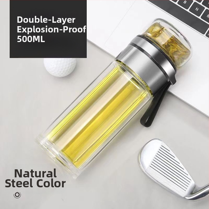 Stiklinė izoliuota arbatos taurelė su atskyrimu arbata-vanduo, su rankena, nešiojama