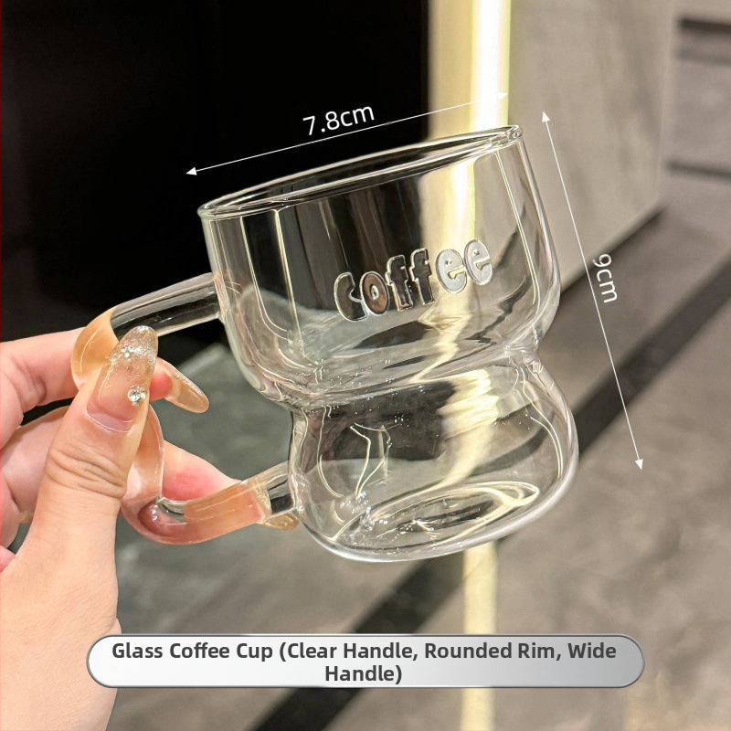 Kavos puodelis iš krištolo stiklo, modernus minimalistinis dizainas su rankena, netolygos formos, logotipo spauda įmanoma.