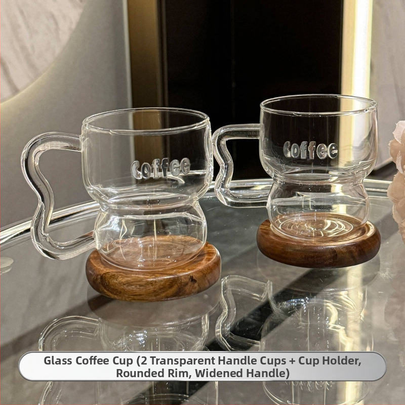 Kavos puodelis iš krištolo stiklo, modernus minimalistinis dizainas su rankena, netolygos formos, logotipo spauda įmanoma.