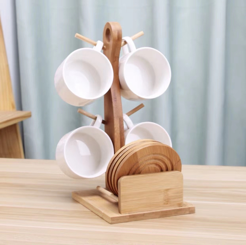 Porcelianinis kavos puodelių ir padėkliukų rinkinys, šešių dalių, atsparus aukštai temperatūrai, nestandartinės formos, su rankena.