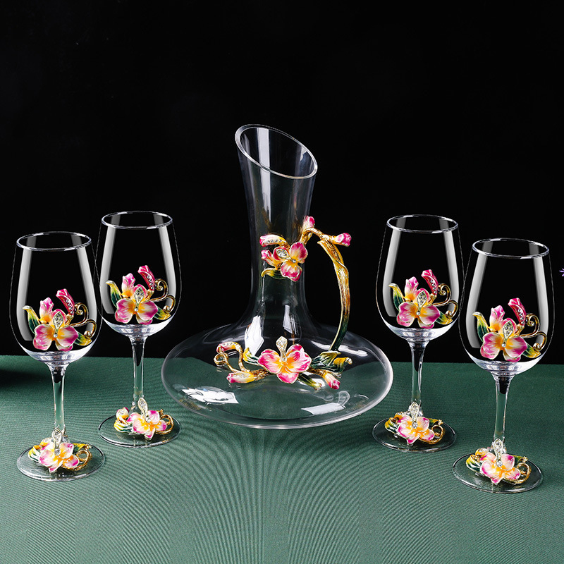 Aukštos kokybės stiklo vyno taure su besisukančiu dekantatoriumi ir Phalaenopsis dizainu – 1 dalių gėrimų komplektas (2025 išleidimas)