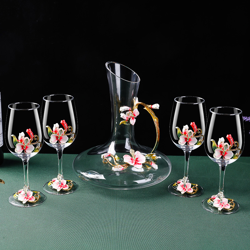 Aukštos kokybės stiklo vyno taure su besisukančiu dekantatoriumi ir Phalaenopsis dizainu – 1 dalių gėrimų komplektas (2025 išleidimas)