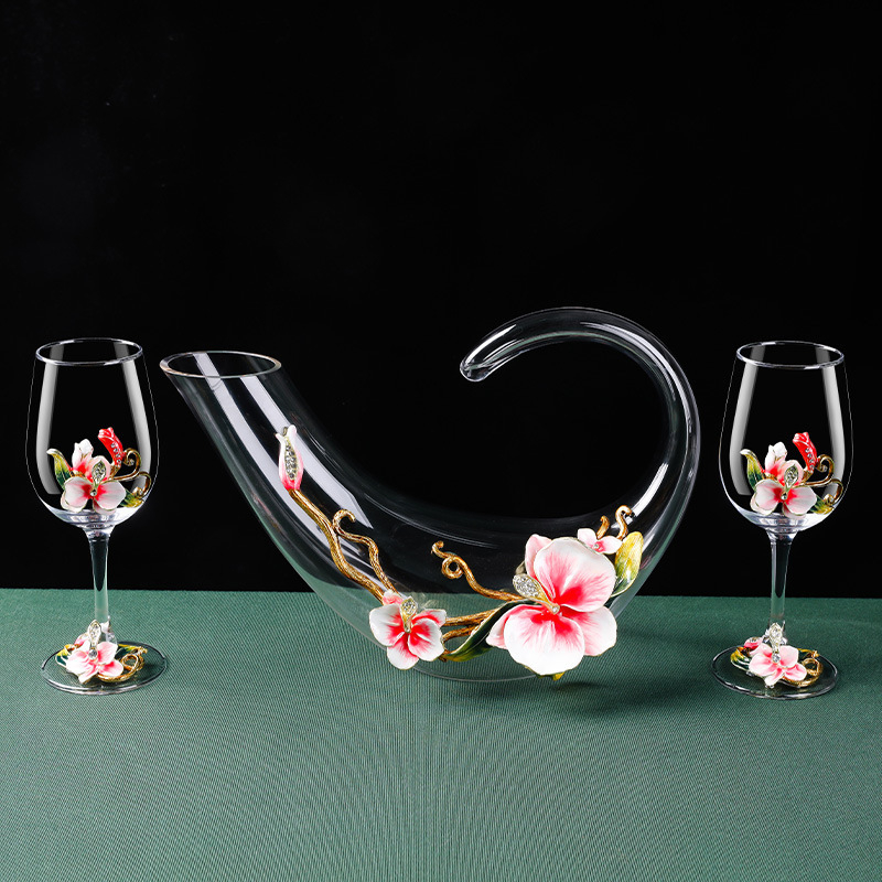 Aukštos kokybės stiklo vyno taure su besisukančiu dekantatoriumi ir Phalaenopsis dizainu – 1 dalių gėrimų komplektas (2025 išleidimas)