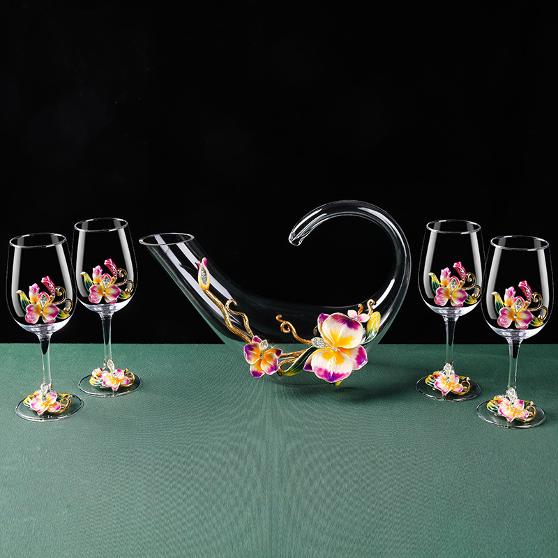 Aukštos kokybės stiklo vyno taure su besisukančiu dekantatoriumi ir Phalaenopsis dizainu – 1 dalių gėrimų komplektas (2025 išleidimas)