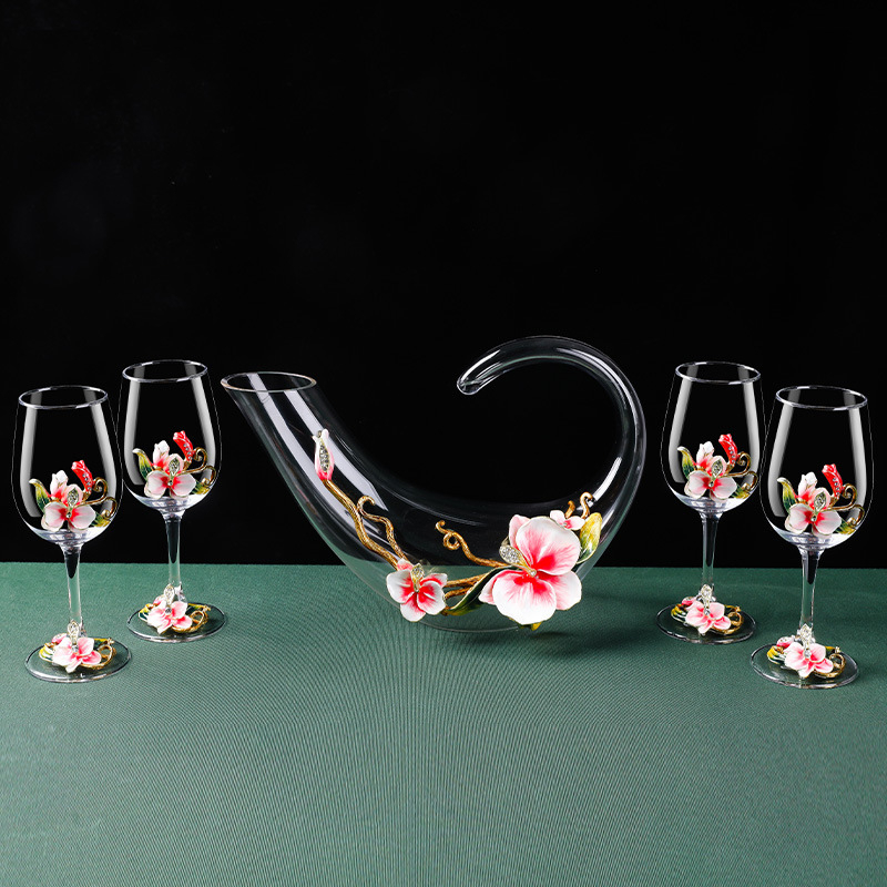 Aukštos kokybės stiklo vyno taure su besisukančiu dekantatoriumi ir Phalaenopsis dizainu – 1 dalių gėrimų komplektas (2025 išleidimas)