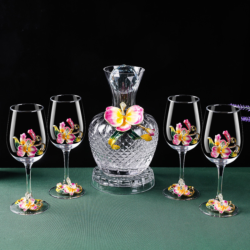 Aukštos kokybės stiklo vyno taure su besisukančiu dekantatoriumi ir Phalaenopsis dizainu – 1 dalių gėrimų komplektas (2025 išleidimas)