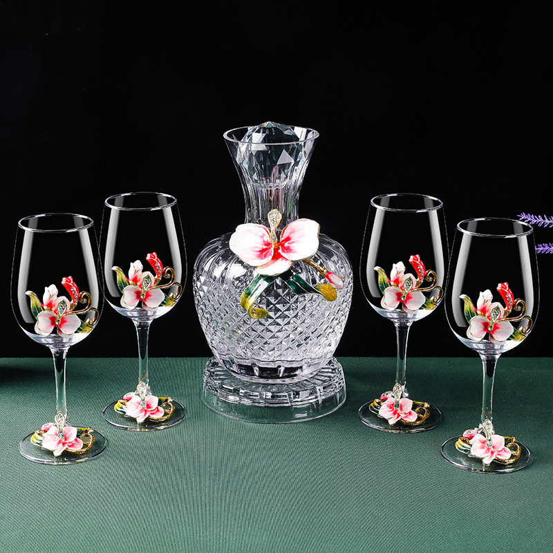 Aukštos kokybės stiklo vyno taure su besisukančiu dekantatoriumi ir Phalaenopsis dizainu – 1 dalių gėrimų komplektas (2025 išleidimas)