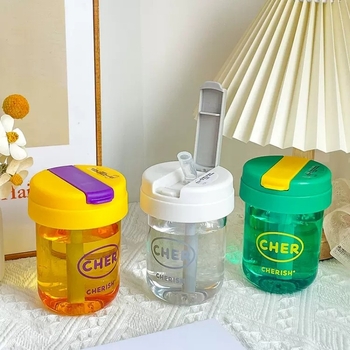 Ton-ton puodelis, PC medžiaga, atsparus kritimui, cilindrinė forma, su šiaudeliu