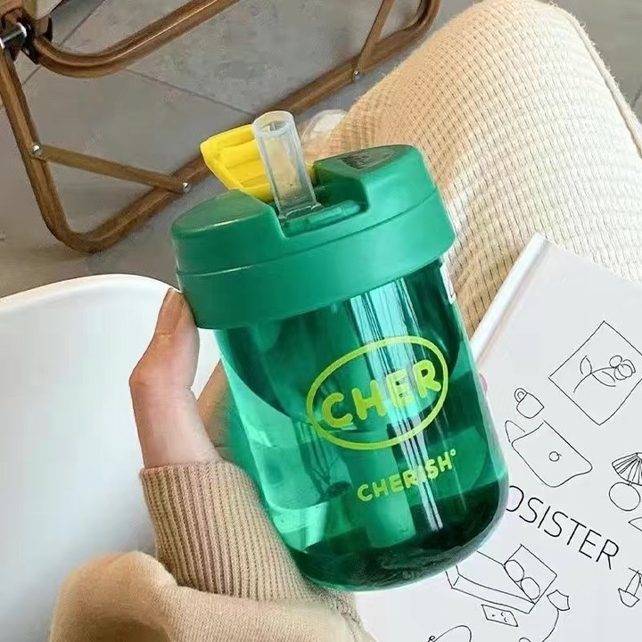 Ton-ton puodelis, PC medžiaga, atsparus kritimui, cilindrinė forma, su šiaudeliu