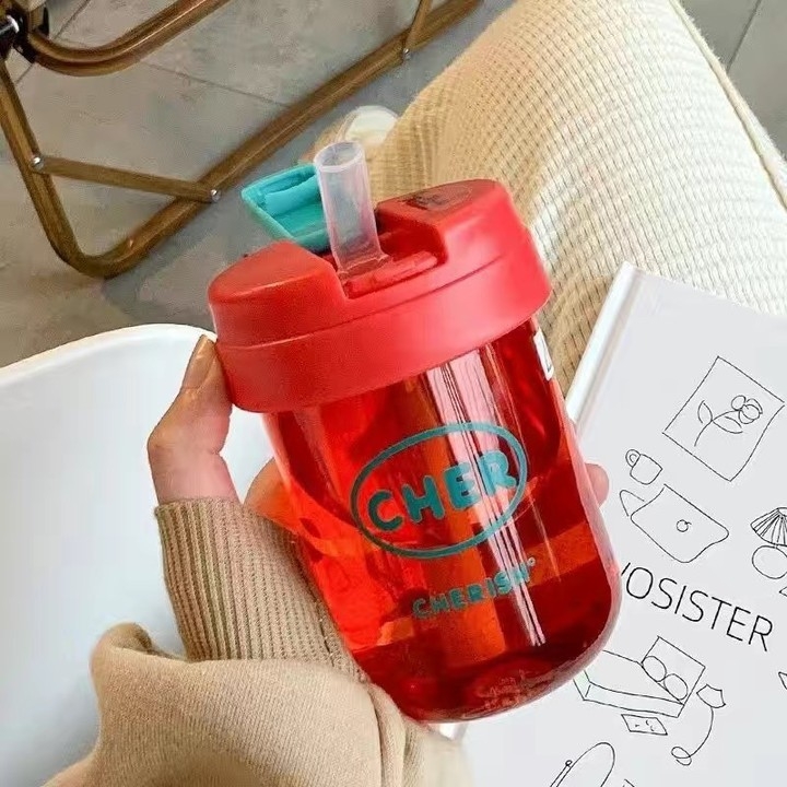 Ton-ton puodelis, PC medžiaga, atsparus kritimui, cilindrinė forma, su šiaudeliu