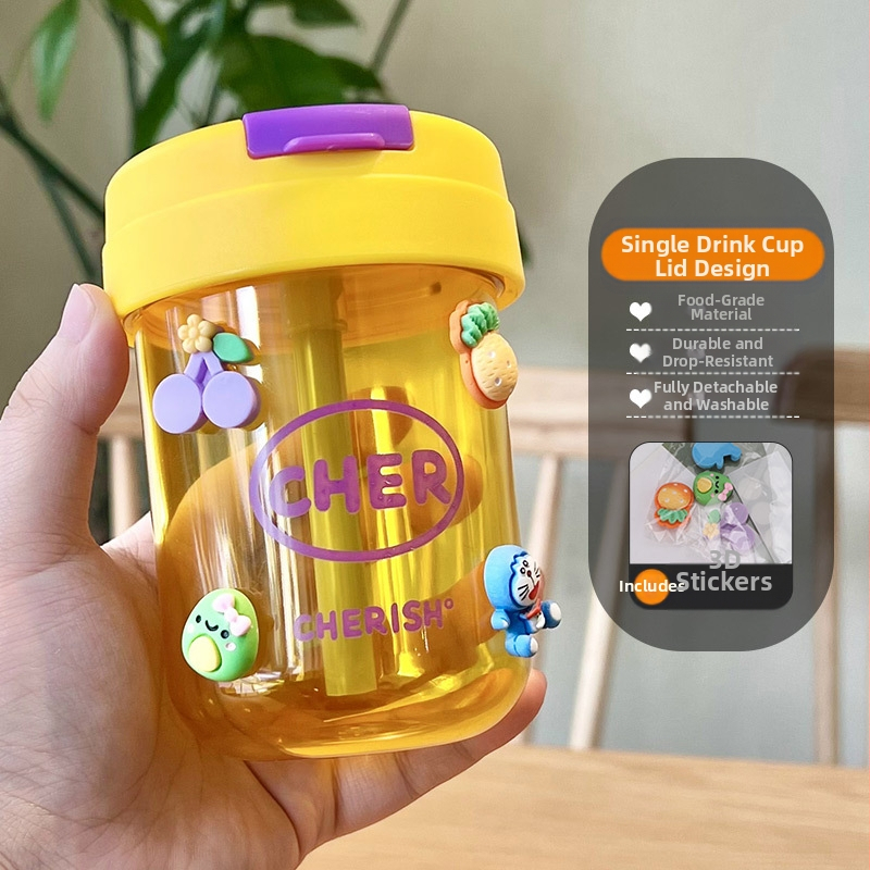 Ton-ton puodelis, PC medžiaga, atsparus kritimui, cilindrinė forma, su šiaudeliu