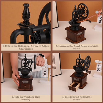 Bochen nešiojamas rankinis kavos malūnėlis su OEM palaikymu, spausdintas logotipas, pritaikomas apdorojimas, šviesus prabangos retro stilius