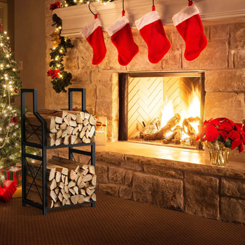 Ανοξείδωτο μεταλλικό ράφι για καυσόξυλα, πτυσσόμενο, 2 επιπέδων, επιδαπέδιο, εσωτερική/εξωτερική αποθήκευση καυσόξυλων