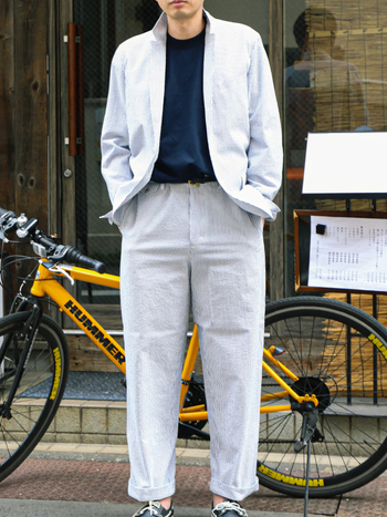 Casual мъжки костюм от памук със Seersucker райета дълги ръкави джобове с патчове за всички сезони