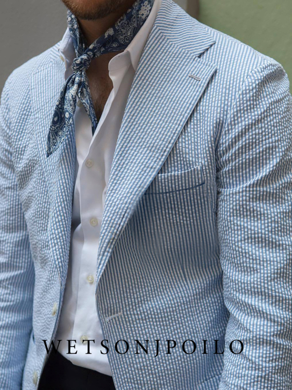 Kényelmes férfi pamut Seersucker csíkos öltöny, hosszú ujjú, patch zsebek, négy évszakos