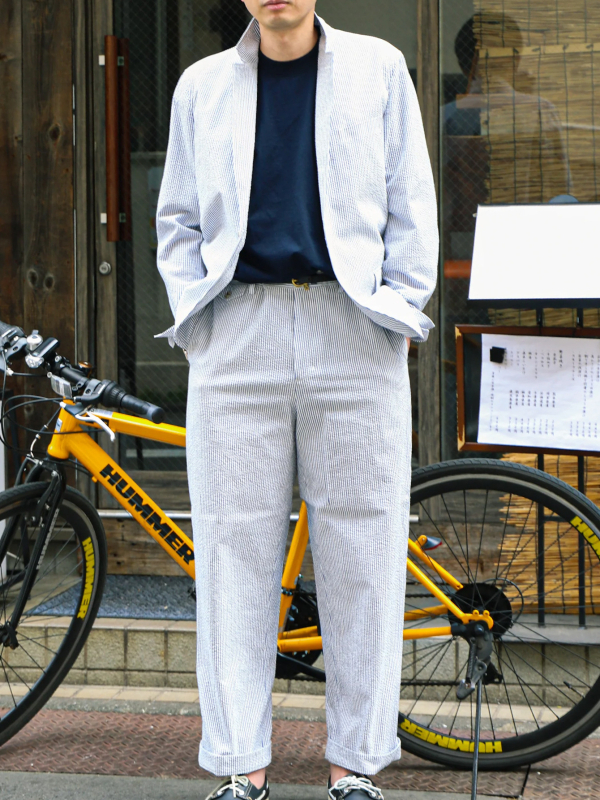 Kényelmes férfi pamut Seersucker csíkos öltöny, hosszú ujjú, patch zsebek, négy évszakos