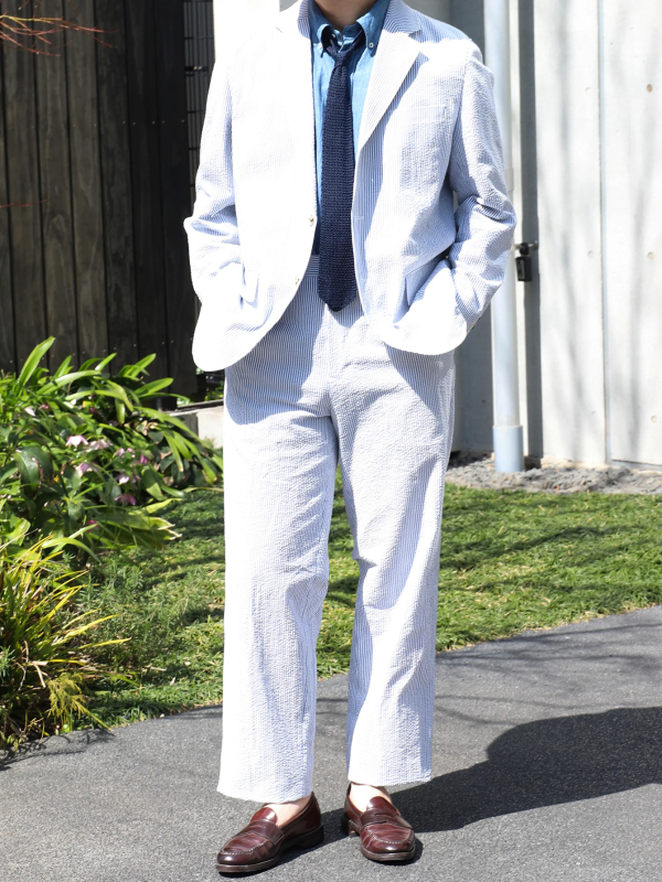 Kényelmes férfi pamut Seersucker csíkos öltöny, hosszú ujjú, patch zsebek, négy évszakos