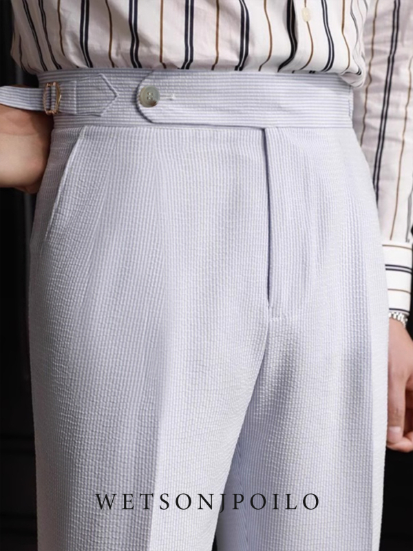 Kényelmes férfi pamut Seersucker csíkos öltöny, hosszú ujjú, patch zsebek, négy évszakos