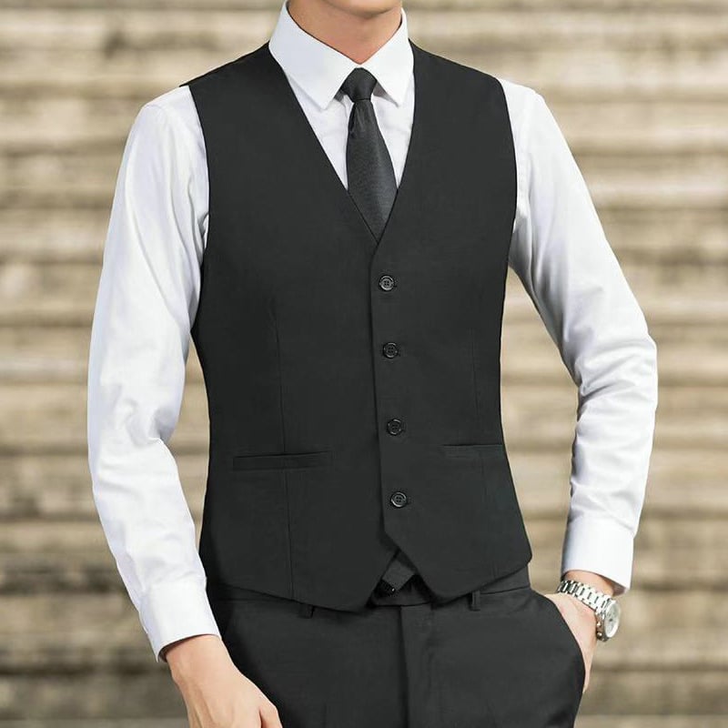 Ανδρικό γιλέκο σε κορεατικό στυλ, εφαρμοστό, μονόμπροχο, με V-λαιμό