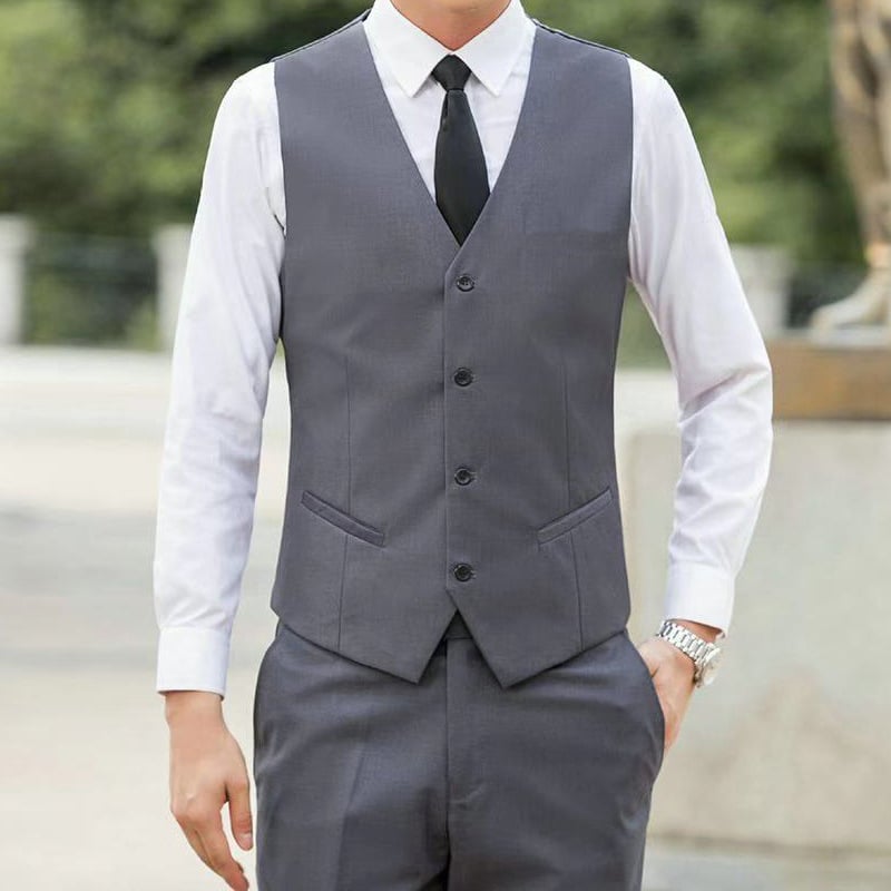 Ανδρικό γιλέκο σε κορεατικό στυλ, εφαρμοστό, μονόμπροχο, με V-λαιμό