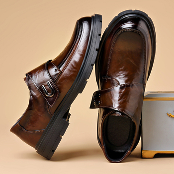 Ανδρικά Δερμάτινα Derby Παπούτσια — Γνήσιο Δέρμα Αγελάδας, Άνοιξη, Λαϊκό-Επαγγελματικό Στυλ, Στρογγυλή Μύτη, Χαμηλός Τακούνι, Καουτσούκ Σόλα, Υφή Νάπα, Με Κούμπωμα