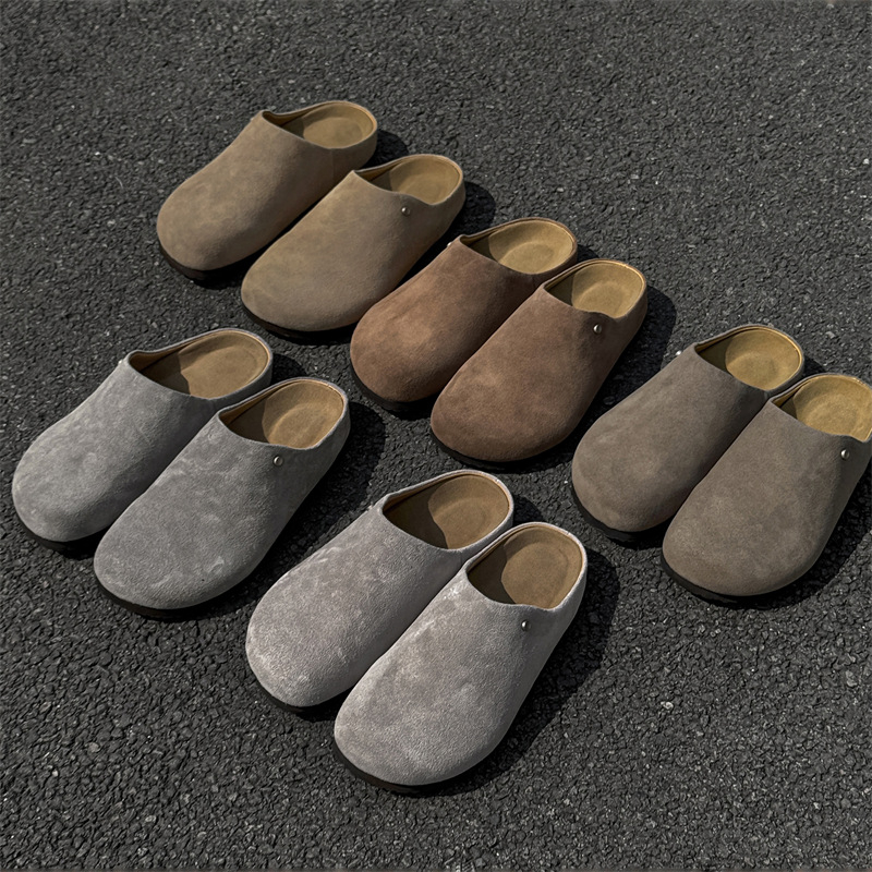 Ženske papuče od nubuk kože s okruglim vrhom, gumena potplata, unutarnja tkanina, ležerni stil
