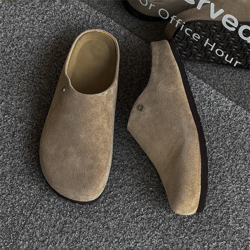 Ženske papuče od nubuk kože s okruglim vrhom, gumena potplata, unutarnja tkanina, ležerni stil