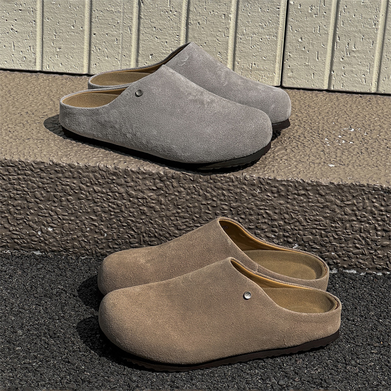 Ženske papuče od nubuk kože s okruglim vrhom, gumena potplata, unutarnja tkanina, ležerni stil