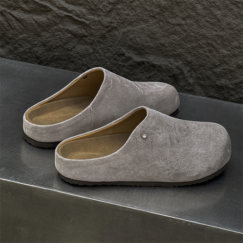 Ženske papuče od nubuk kože s okruglim vrhom, gumena potplata, unutarnja tkanina, ležerni stil