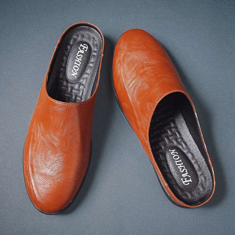 Férfi bőr hátrafelé nyitott papucs, lélegző, felső rész: másodlagos tehénbőr, talp: gumi, kényelmes, nyár 2022