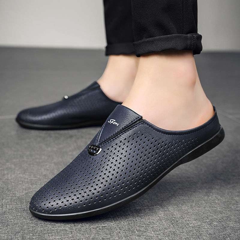 Férfi bőr hátrafelé nyitott papucs, lélegző, felső rész: másodlagos tehénbőr, talp: gumi, kényelmes, nyár 2022