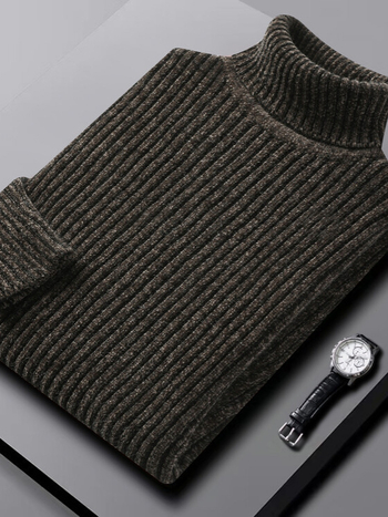 Мъжки Chenille пуловер с висока яка — свободна кройка, дълги ръкави, оребрен край