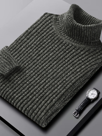 Мъжки Chenille пуловер с висока яка — свободна кройка, дълги ръкави, оребрен край